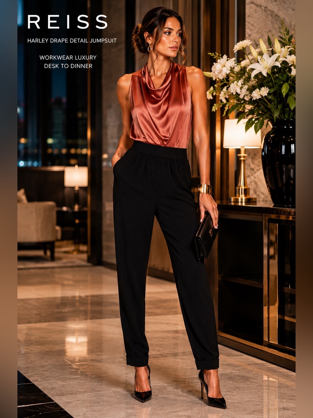 REISS Harley Jumpsuit US 4 Rosewood Satin Tie Back Workwear Luxury wedding guest